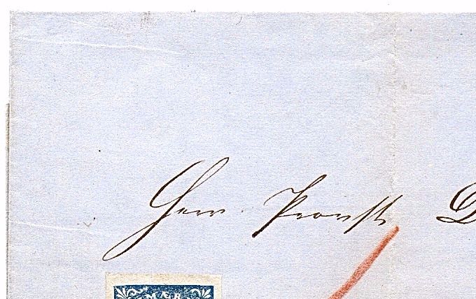 Betalt brev stemplet ”Vadsø 14/8 1856” (type 1) i blått, og korrekt sidestemplet med samme stempel etter reglementet. Brevet er sendt med D/S 